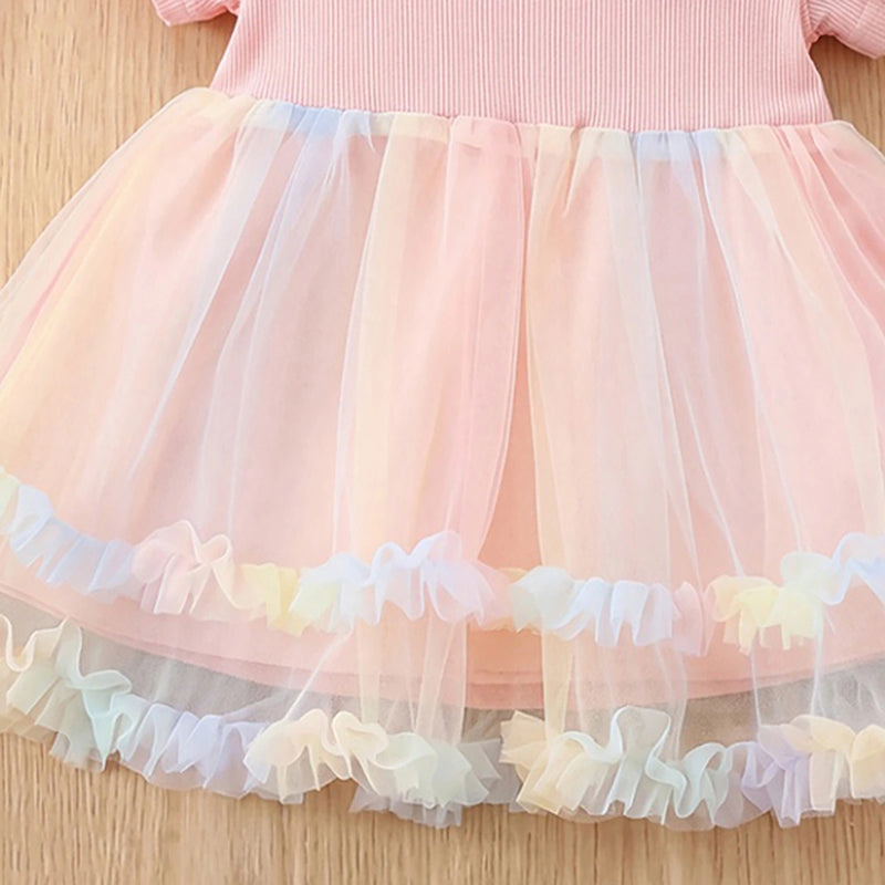 Girls Pink Kitty Applique Short Sleeve Ruffled Hem Fit & Flare Dress Casual Dresses