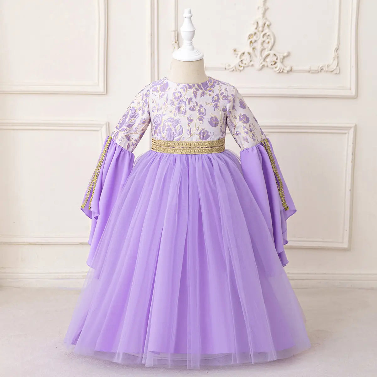 Girls Purple Floral Printed Fit & Flare Dress With Long Sleeves Casual Dresses Purple 3-4 Y
