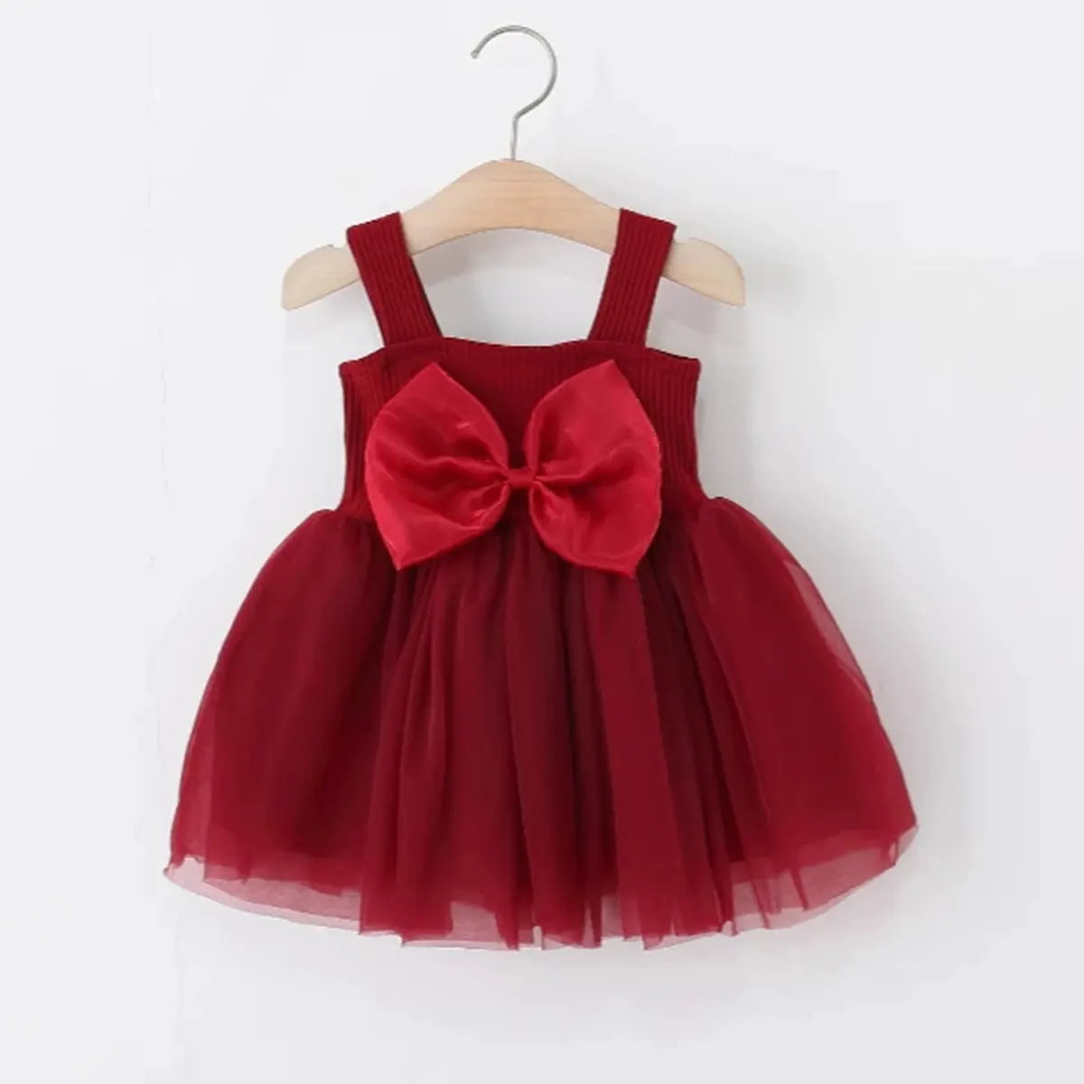 Girls Maroon Sleeveless Tulle Overlay Fit & Flare Dress With Bow Detail Casual Dresses
