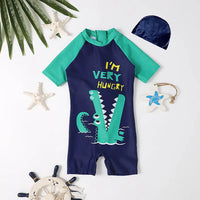 Boys Navy Blue Typographic Print Swimwear Bodysuit With Swim Cap Beachwear Navy Blue 3-4 Y