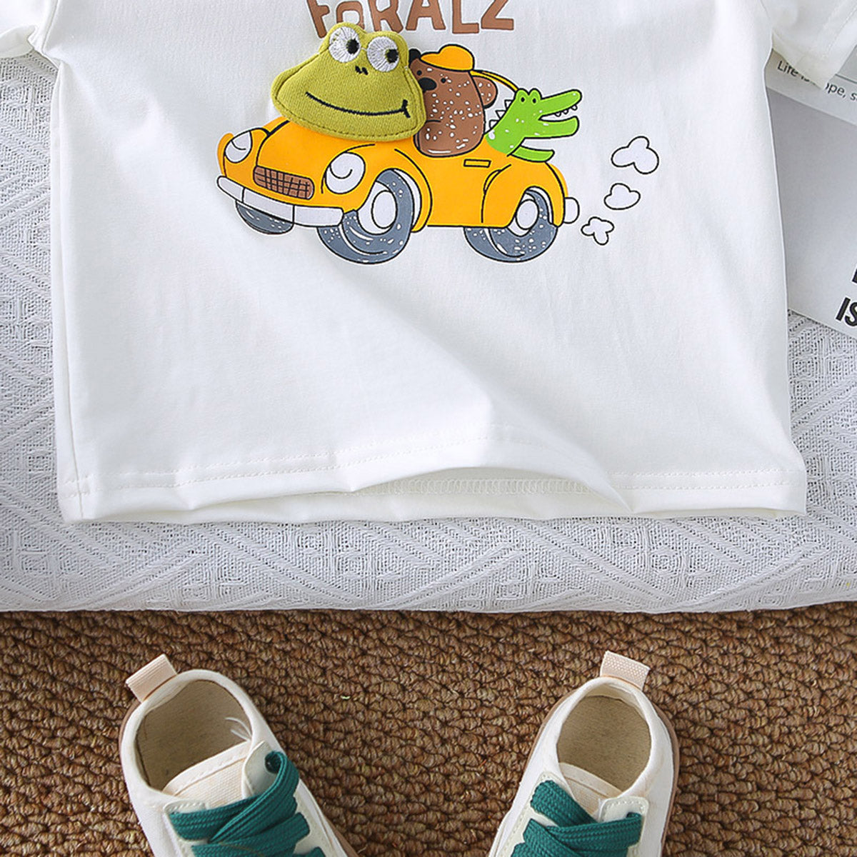 Boys White Car Printed Short Sleeves T-Shirt With Denim Shorts Set 2 pc. Sets
