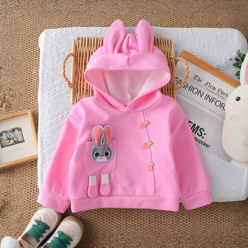 Girls Pink Solid Rabbit Applique Hooded Sweatshirt With joggers Set 2 pc. Sets
