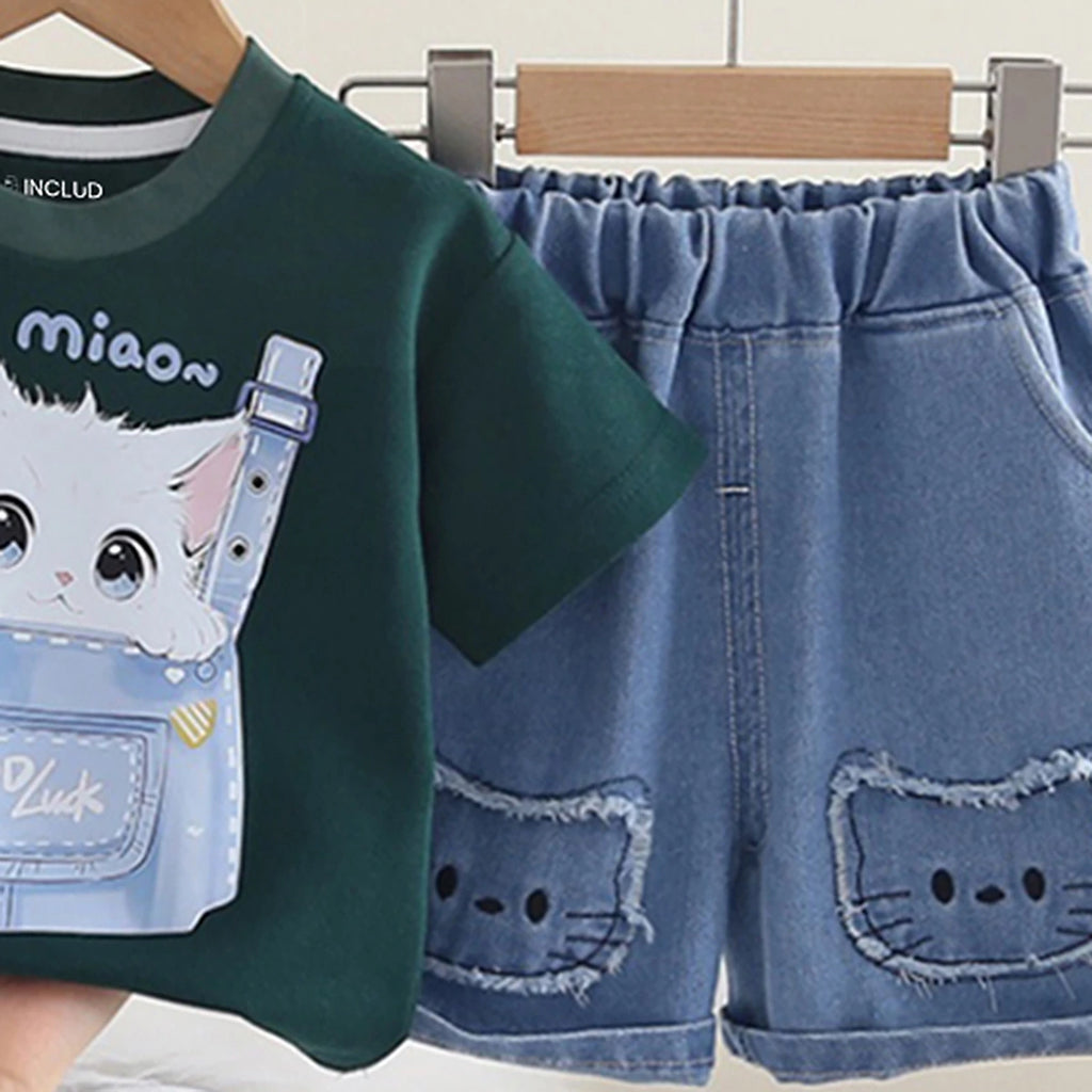 Girls Green Cat Motif Short Sleeve T-Shirt With Denim Shorts Sets 2 pc. Sets