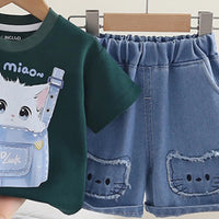 Girls Green Cat Motif Short Sleeve T-Shirt With Denim Shorts Sets 2 pc. Sets