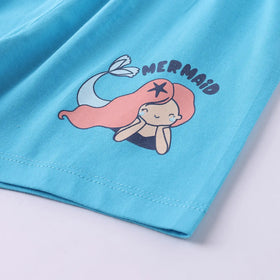 Girls Light Blue Mermaid Print Short Sleeves Top With Shorts Sets Sets