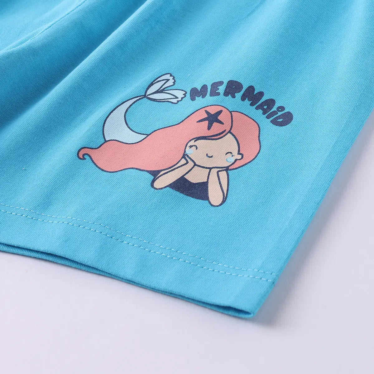 Girls Light Blue Mermaid Print Short Sleeves Top With Shorts Sets Sets