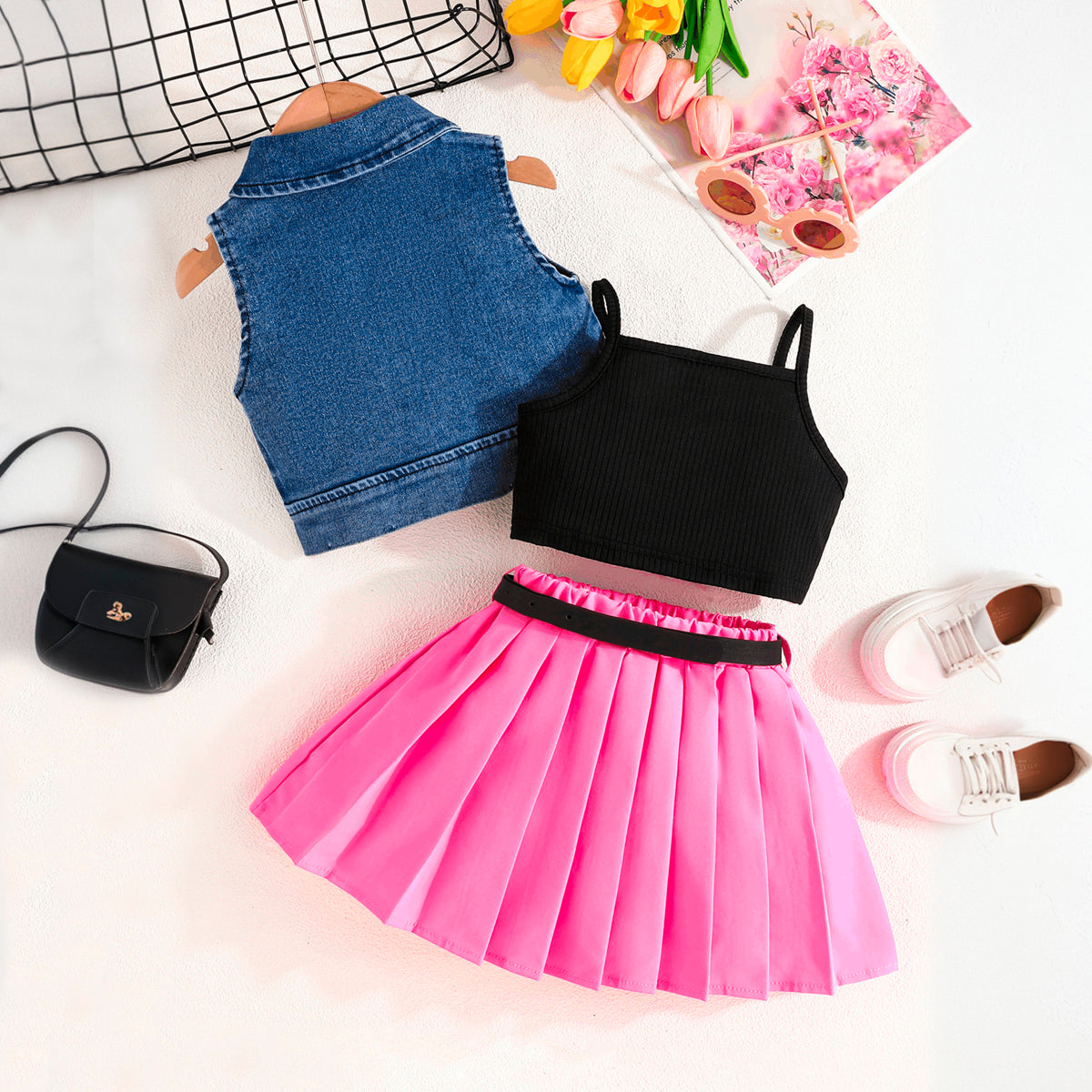 Girls Sleeveless Denim Jacket With Pink Pleated Skirt And Camisole Top Set 3 pc. Sets