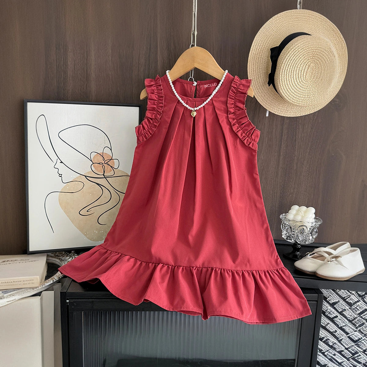 Girls Red Sleeveless A-line Dress Casual Dresses Red 1-2 Y