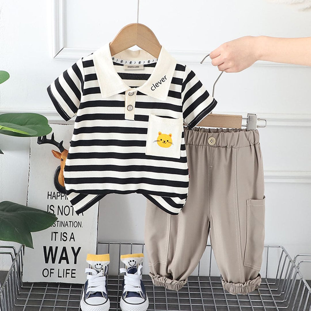 Boys Black Striped And Graphic Polo T-Shirt With Elasticated Pants