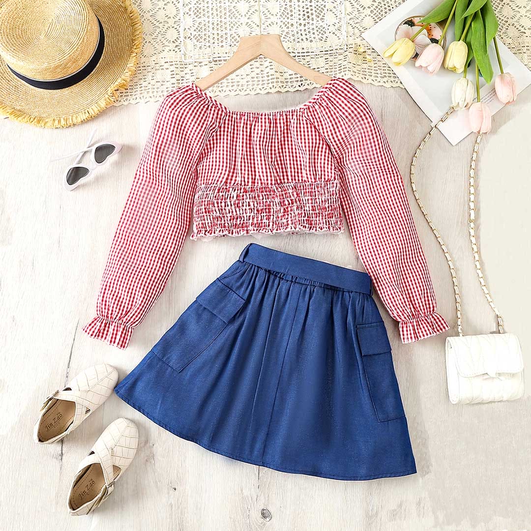 Girls Gingham Check Crop Top With Skirt Set Sets   