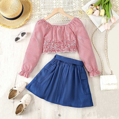 Girls Gingham Check Crop Top With Skirt Set Sets   