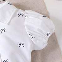 Girls White Bow Print Puff Sleeve Shirt With Elasticated Shorts Sets 2 pc. Sets