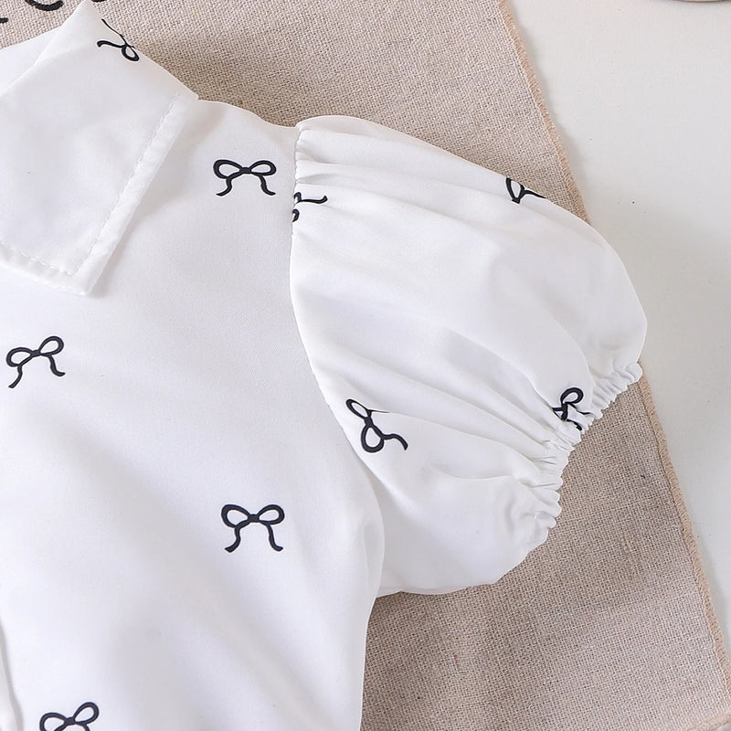 Girls White Bow Print Puff Sleeve Shirt With Elasticated Shorts Sets 2 pc. Sets