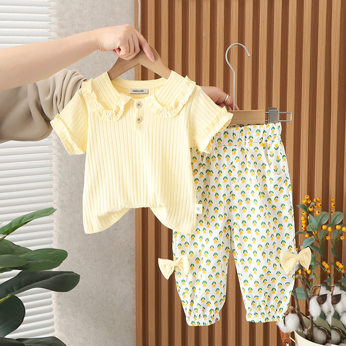 Girls Yellow Self Striped Knitted Top With Printed Pants Set 2 pc. Sets Yellow 1-2 Y