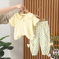 Girls Yellow Self Striped Knitted Top With Printed Pants Set 2 pc. Sets Yellow 1-2 Y