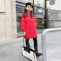 Girls Red Solid Puffer Hooded Long Jacket Coats & Jackets