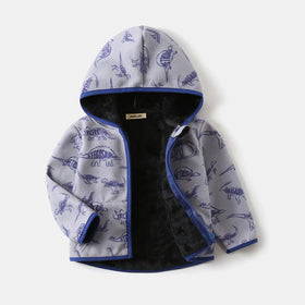 Boys Light Grey Dinosaur Printed Fleece Hooded Zip-up Jacket Coats & Jackets