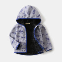 Boys Light Grey Dinosaur Printed Fleece Hooded Zip-up Jacket Coats & Jackets