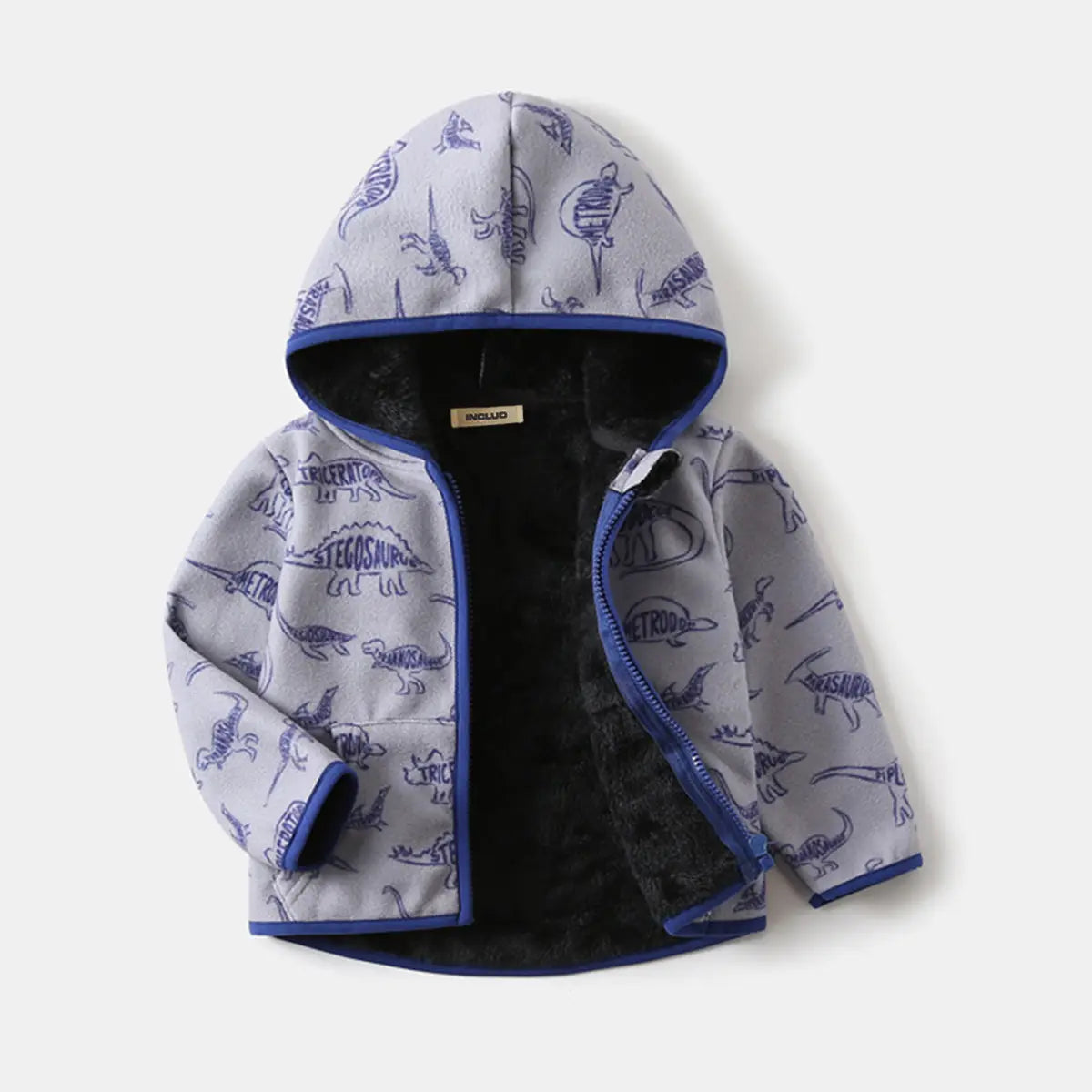 Boys Light Grey Dinosaur Printed Fleece Hooded Zip-up Jacket Coats & Jackets