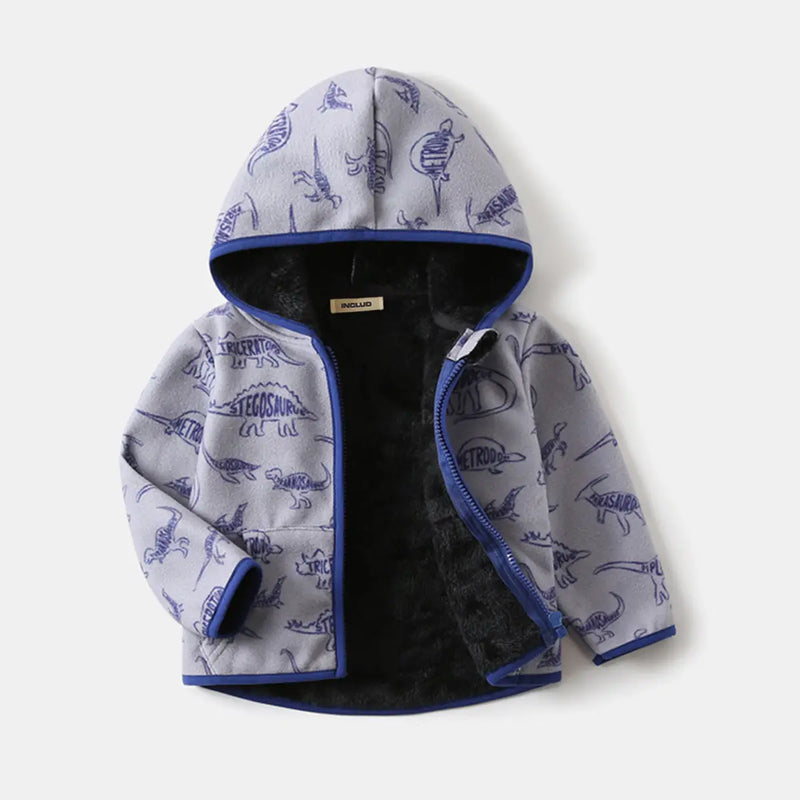 Boys Light Grey Dinosaur Printed Fleece Hooded Zip-up Jacket Coats & Jackets
