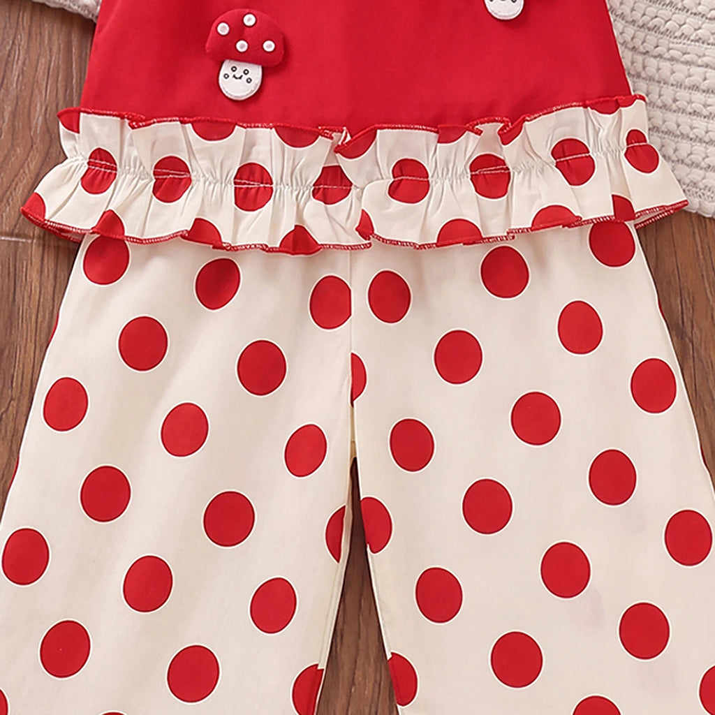 Girls Red Mushroom Applique Sleeveless Top With Polka Dot Pants Sets 2 pc. Sets