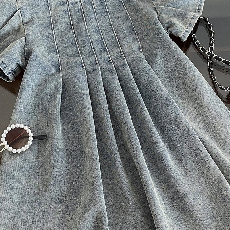 Girls Light Blue Flutter Sleeve A-line Denim Dress Casual Dresses