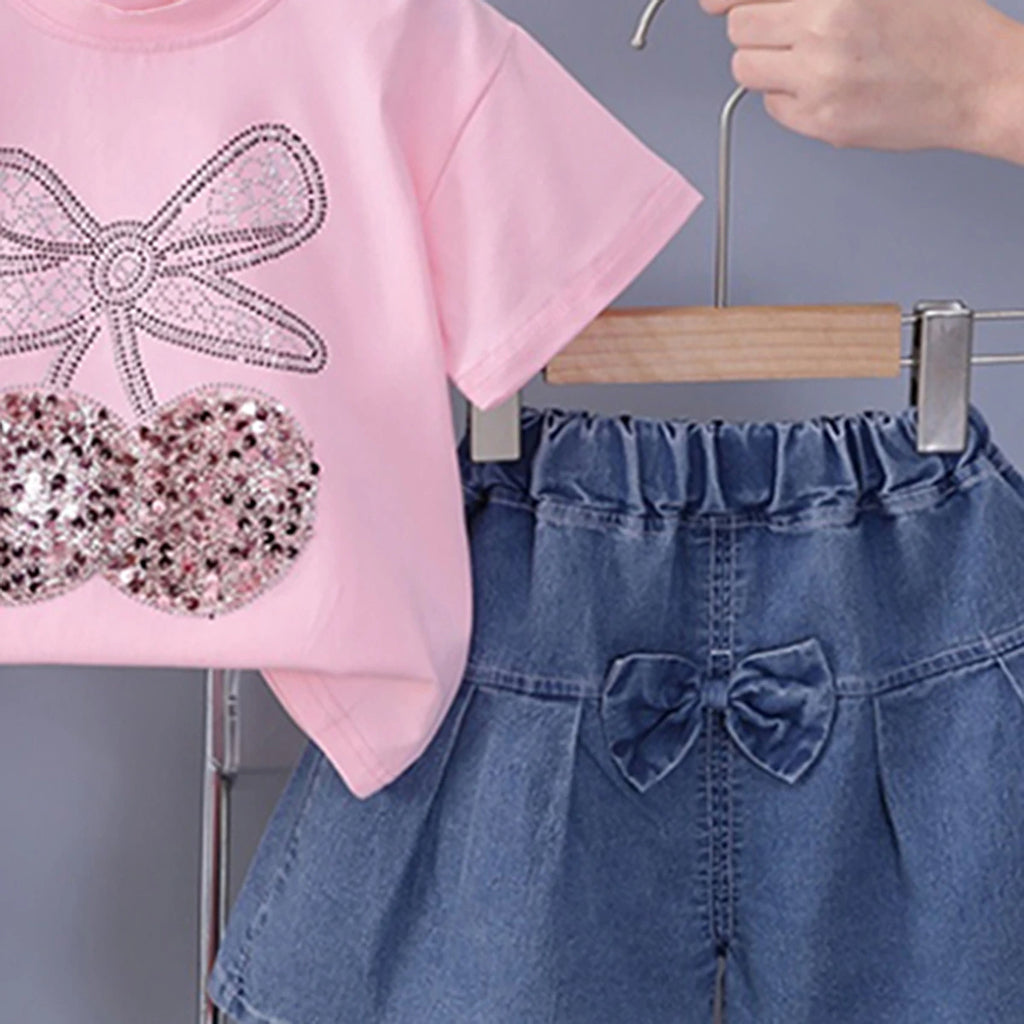 Girls Pink Cherry Embellished T-Shirt With Pleated Denim Shorts Set Sets