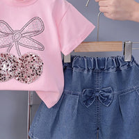 Girls Pink Cherry Embellished T-Shirt With Pleated Denim Shorts Set Sets