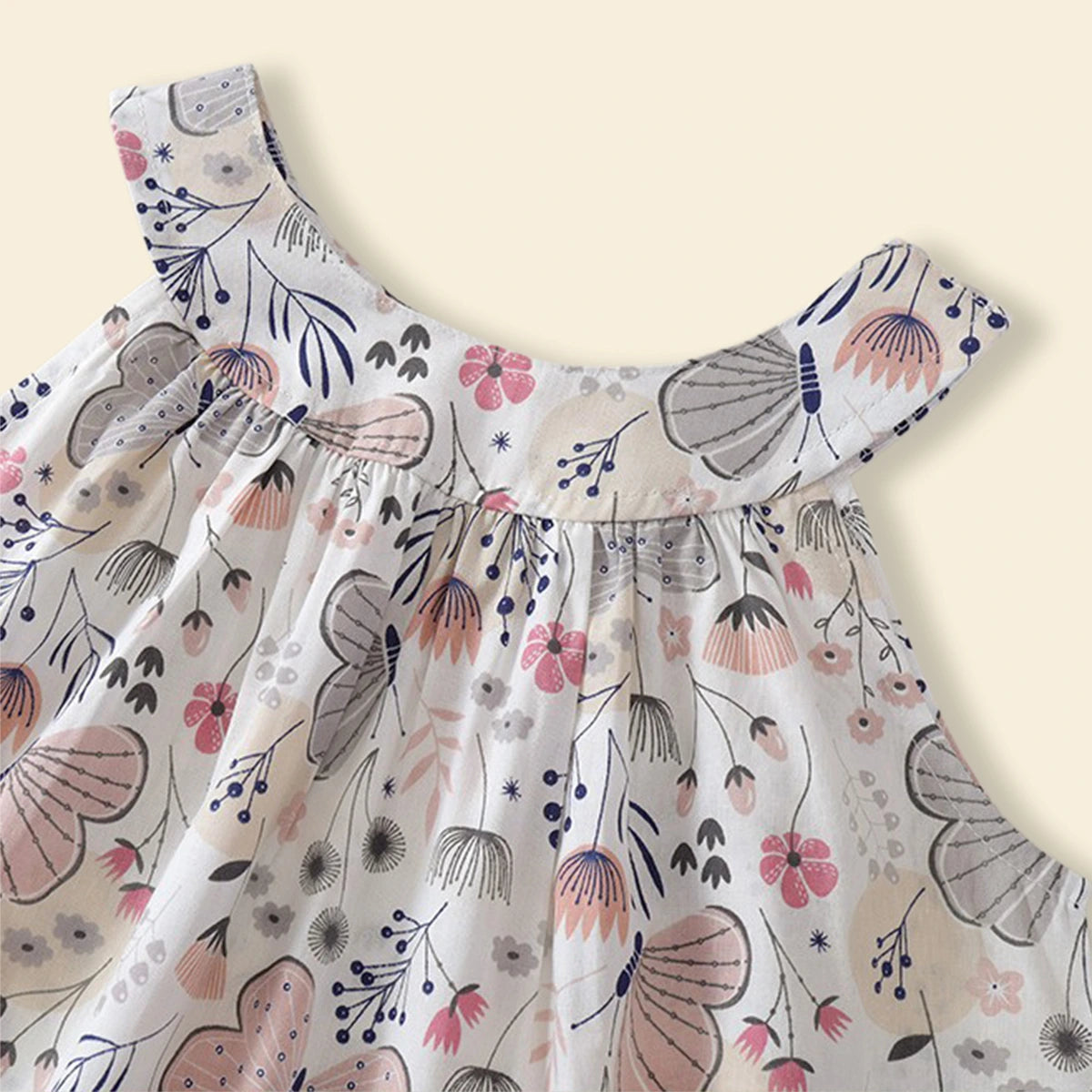 Girls Off White Butterfly Printed Round Neck A-line Dress Casual Dresses