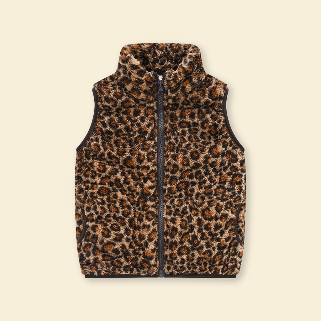 Girls Multicolor Leopard Printed Fleece Front Zipper Sleeveless Winter Jacket Coats & Jackets