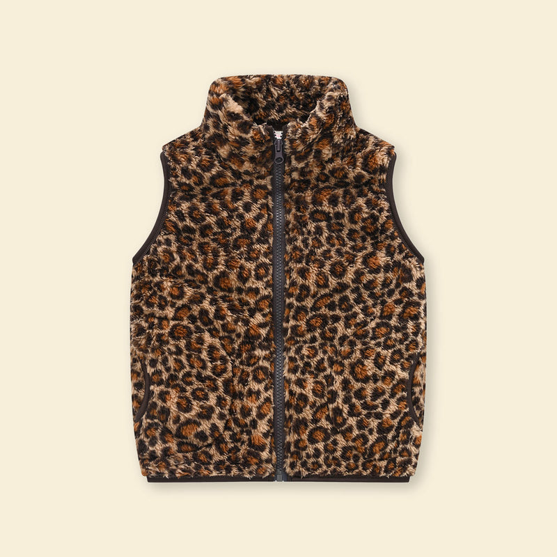 Girls Multicolor Leopard Printed Fleece Front Zipper Sleeveless Winter Jacket Coats & Jackets
