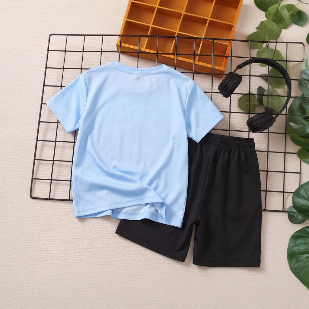 Boys Sky Blue Typography Print Short Sleeve T-Shirt With Shorts Sets 2 pc. Sets