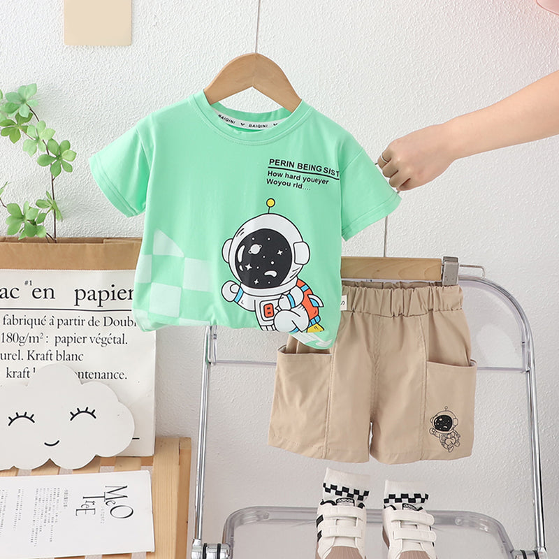 Boys Astronaut Printed Green T-Shirt With Shorts Set 2 pc. Sets