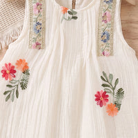 Girls Off White Floral Embroidered Sleeveless A-line Dress Casual Dresses
