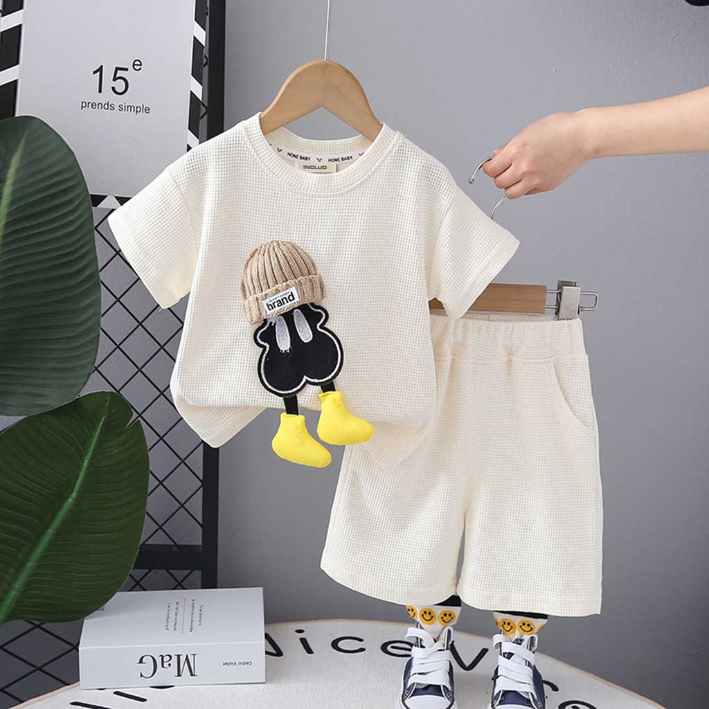Boys Waffle Knit Embroidery Applique T-Shirt With Shorts Set