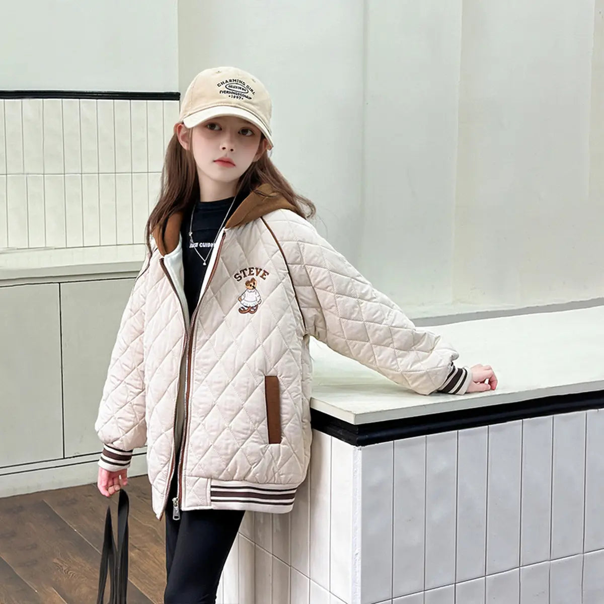 Girls Apricot Quilted Hooded Zipper jacket Coats & Jackets