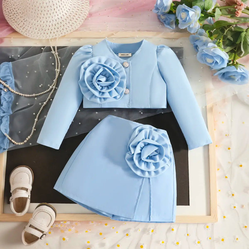 Girls Light Blue Large Flower Applique Long Sleeves Top With Skorts Set Sets Light Blue 2-3 Y