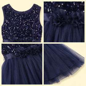 Girls Navy Blue Sequin Embellished Sleeveless Party Gown Party Dresses