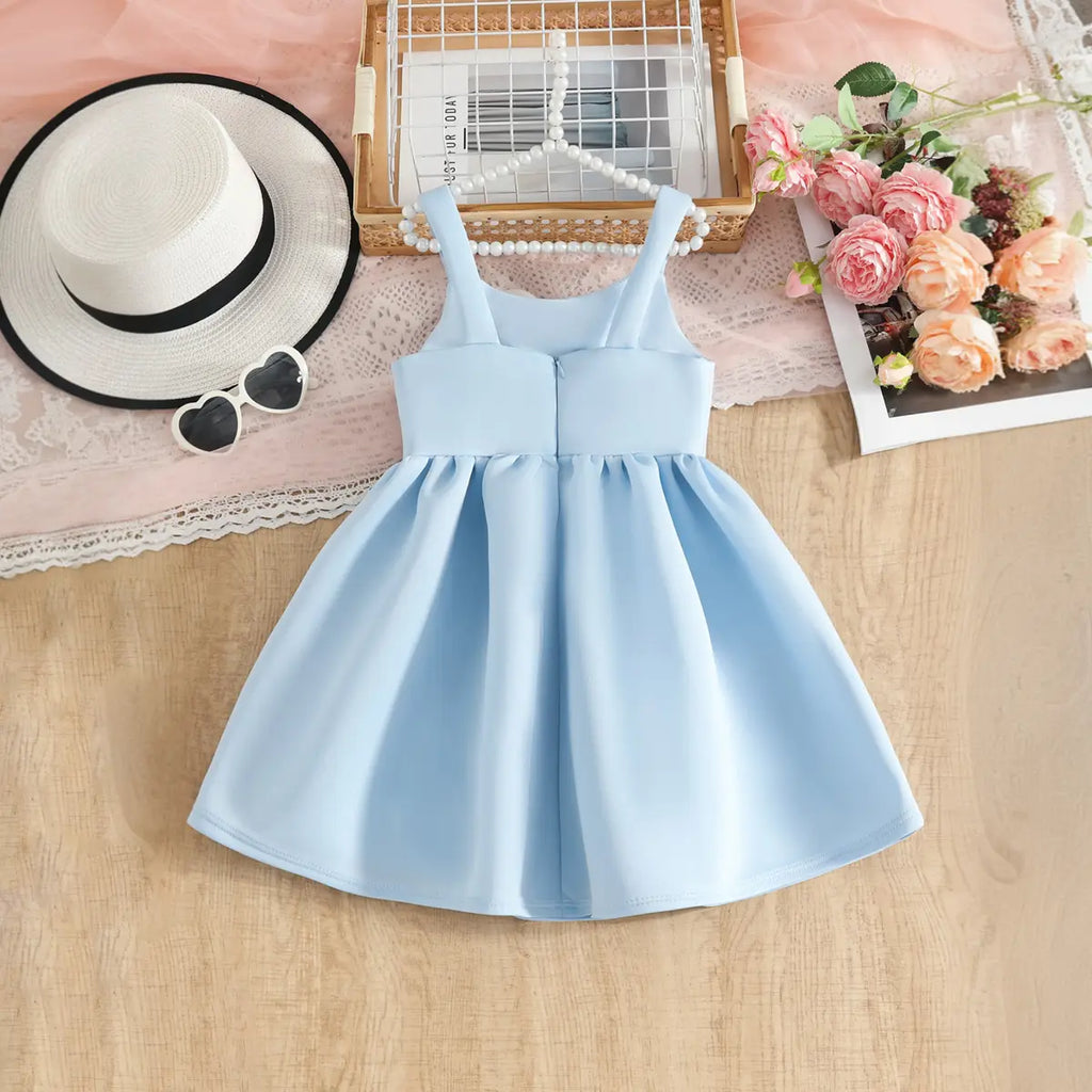 Girls Sky Blue Flower Applique Fit & Flare Party Wear Dress Party Dresses