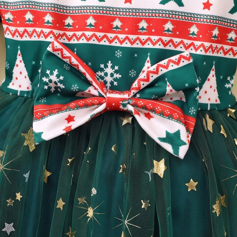 Girls Green Christmas Tree Printed Fit & Flare Dress Casual Dresses