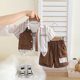 Boys Brown Striped Short Sleeves Shirt With T-Shirt And Shorts Set Sets Brown 1-2 Y