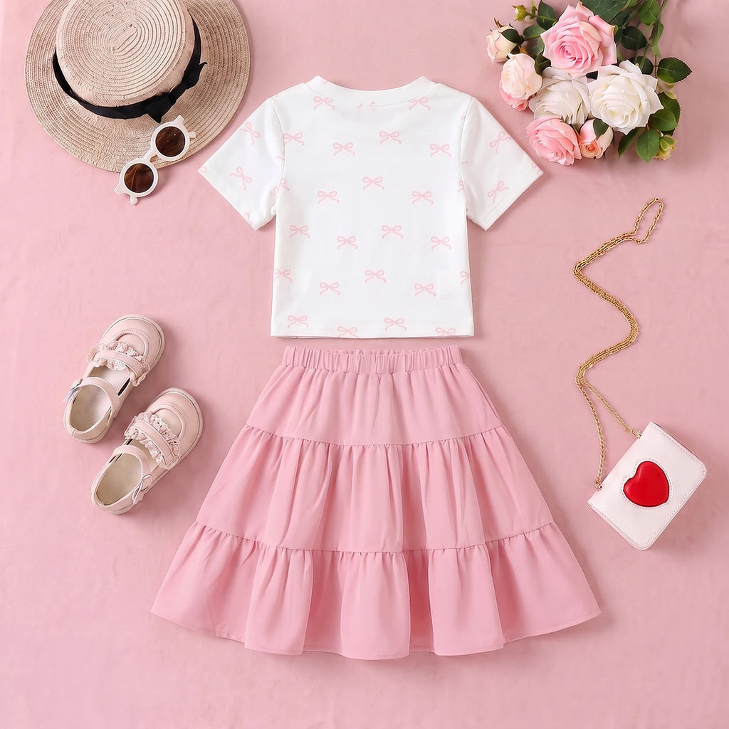 Girls White Bow Printed Top With Tiered Skirt Sets 2 pc. Sets