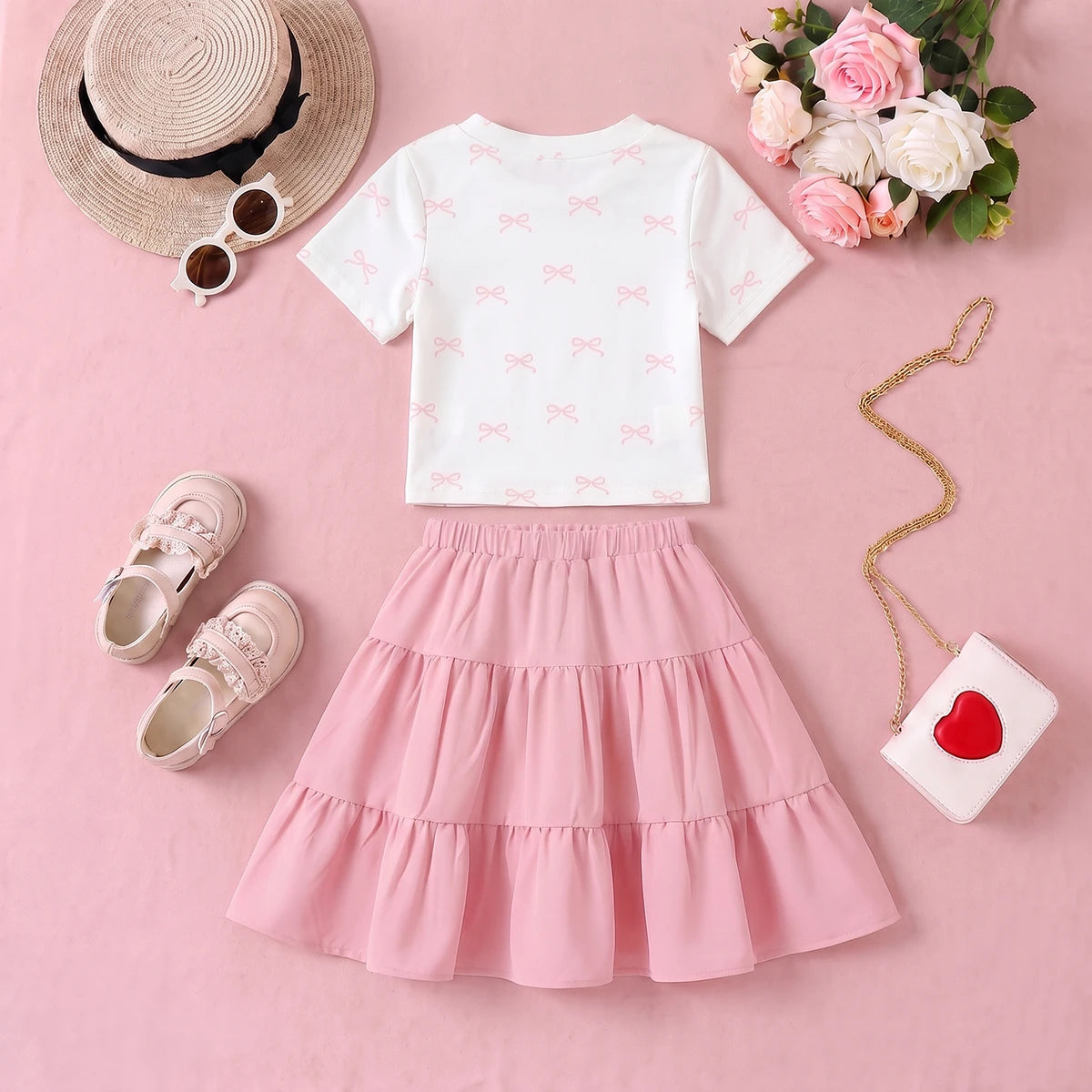 Girls White Bow Printed Top With Tiered Skirt Sets 2 pc. Sets