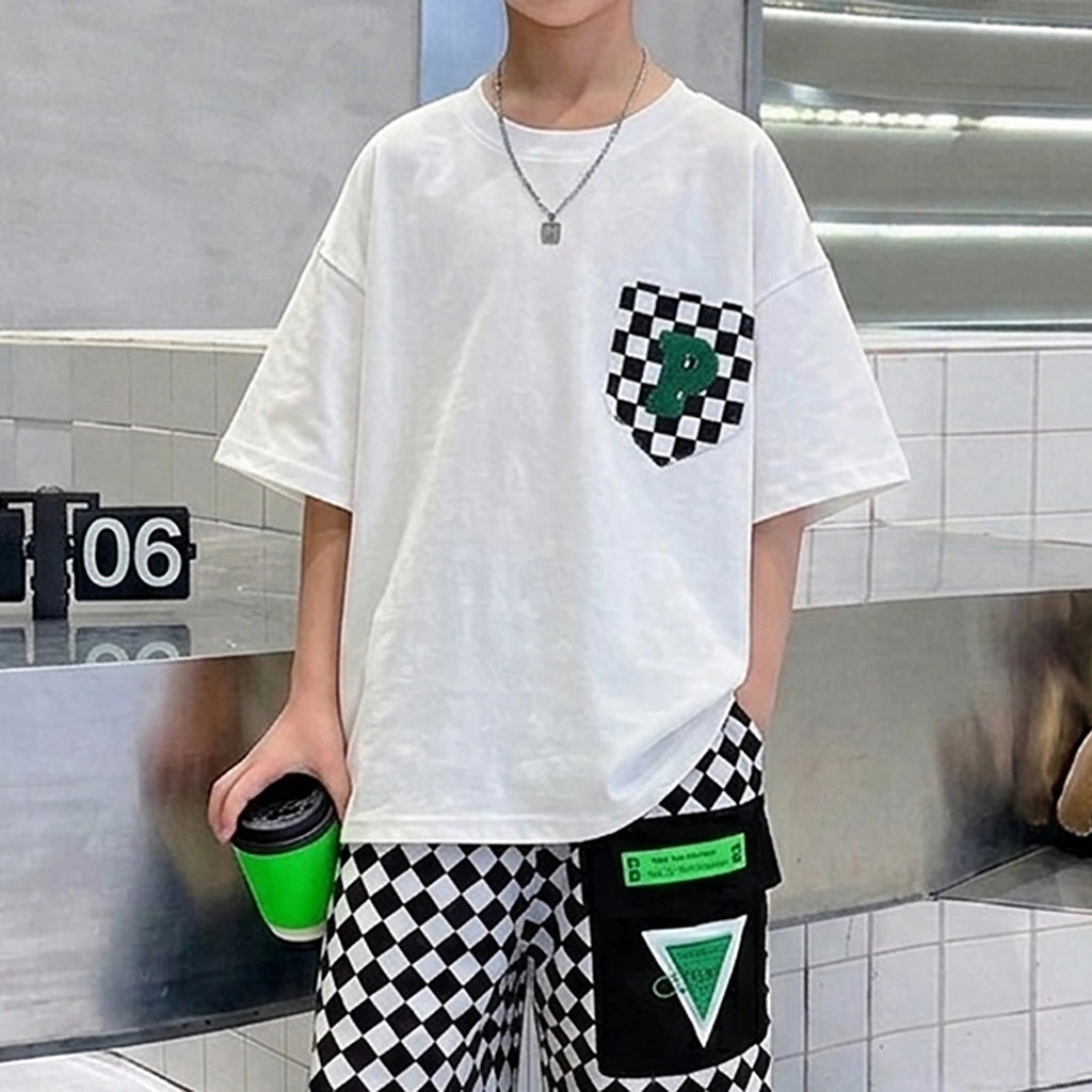 Boys White Checked Pocket Short Sleeves T-Shirt With Elasticated Shorts Sets Sets