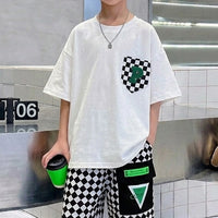 Boys White Checked Pocket Short Sleeves T-Shirt With Elasticated Shorts Sets Sets