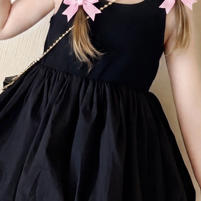Girls Black Criss-Cross Back Sleeveless Balloon Dress Casual Dresses