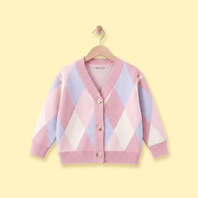 Girls Multicolour Diamond Jacquard Long Sleeve Cardigan Sweaters & Cardigans Multicolor 3-4 Y