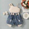 Girls Beige Sleeveless Top With Denim Shorts Sets 2 pc. Sets Beige 3-4 Y
