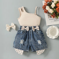 Girls Beige Sleeveless Top With Denim Shorts Sets 2 pc. Sets Beige 3-4 Y