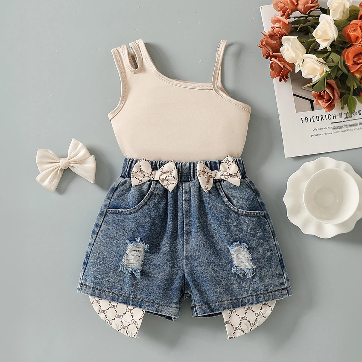 Girls Beige Sleeveless Top With Denim Shorts Sets 2 pc. Sets Beige 3-4 Y